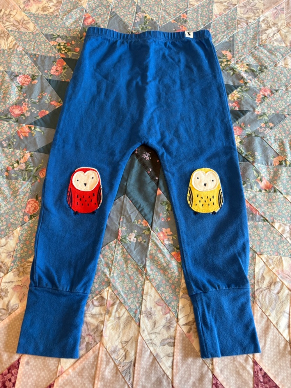 Joules Blue Kids Leggings with Red and Yellow Owl Patches